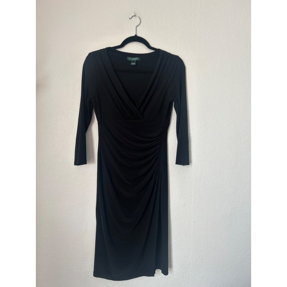 Lauren Ralph Lauren Sheath Dress Womens Size 8 Black Ruched V-Neck Office Career